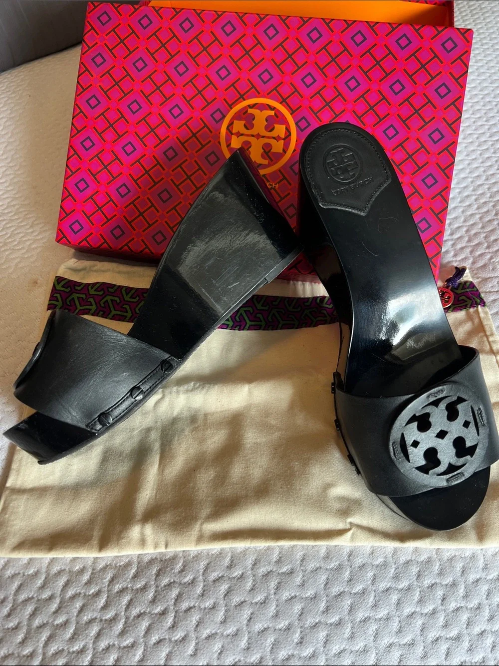 Tory Burch Black Leather Logo Slide Mules